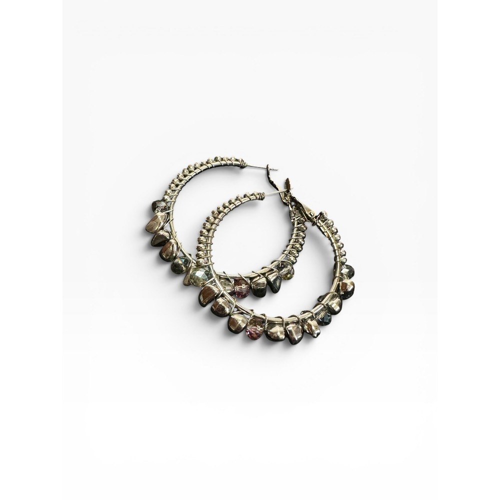 Beaded Iridescent Wire Wrapped Hoop Earrings Silver Tone